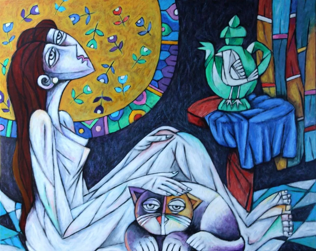 Women, cat & bird, artwork by Ali chamsedine
