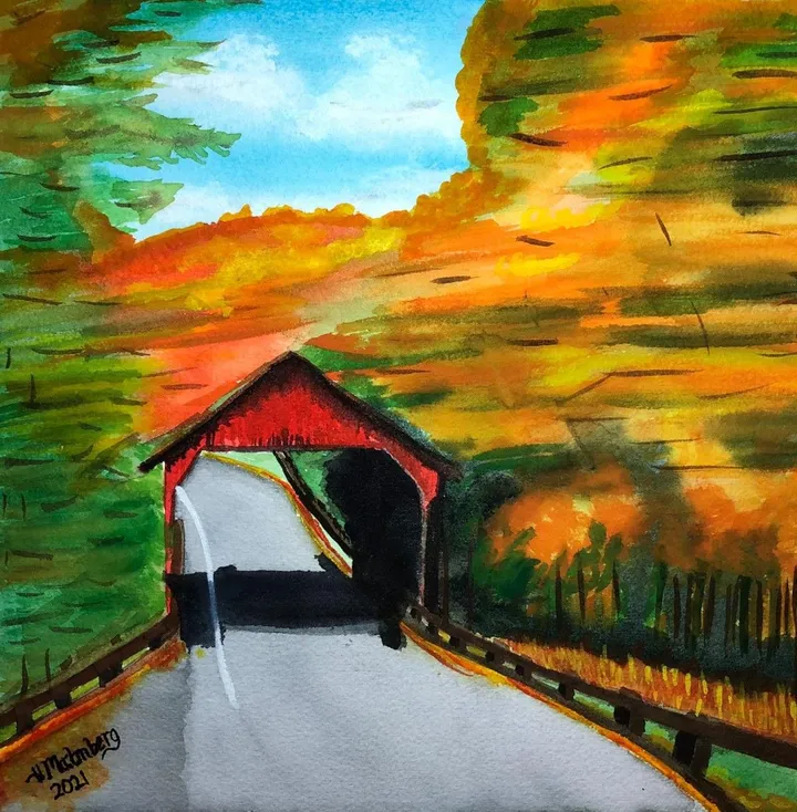 Colorful Covered Bridge, artwork by Pete Malmberg