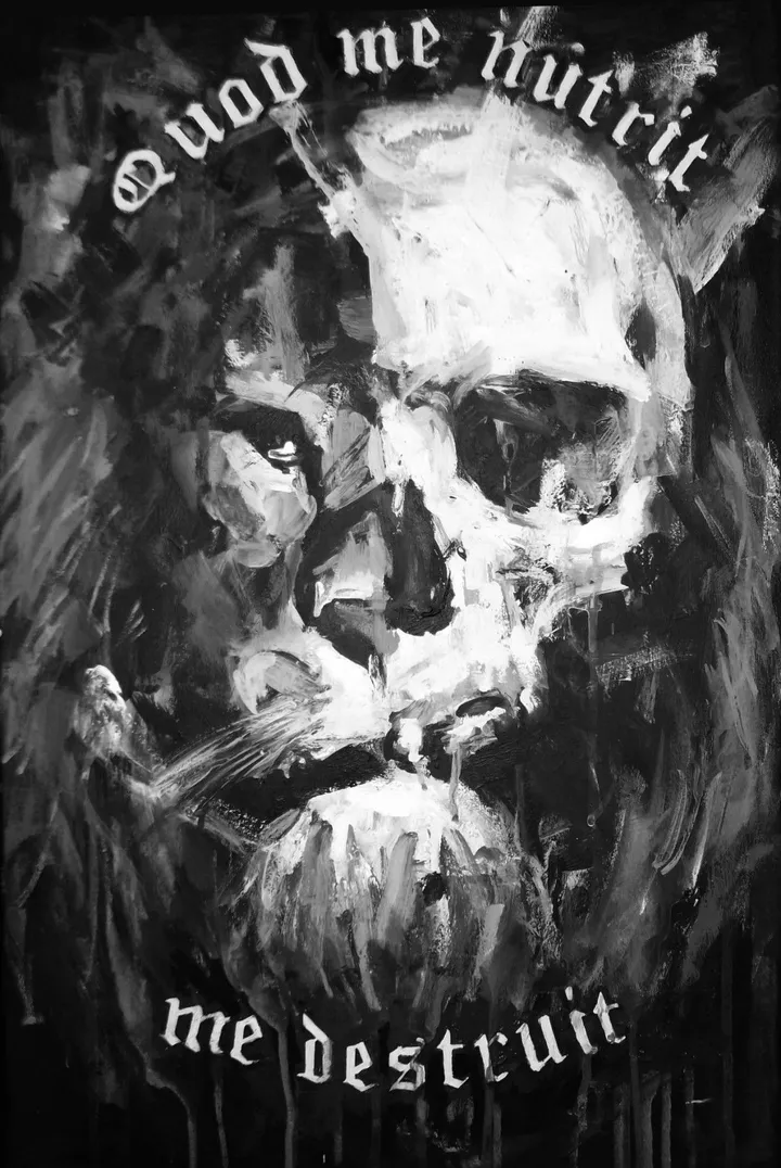 "Quod me nutrit , me destruit" (what feeds me , destroys me), œuvre de George Sinotwo Fanaras
