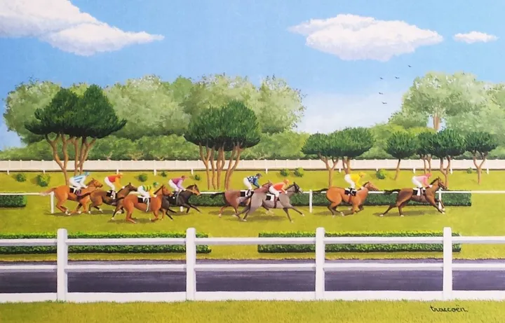 Horses racing, artwork by Thierry Traccoën