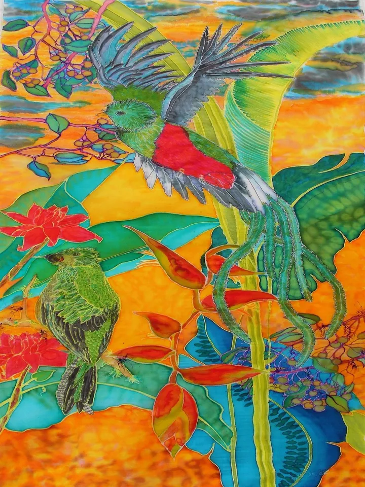 Silkpainting , Resplendent Quetzal - Another day in the cloudy rainforest #StefaniaSilkArts, œuvre de Stefanie Wilhelm