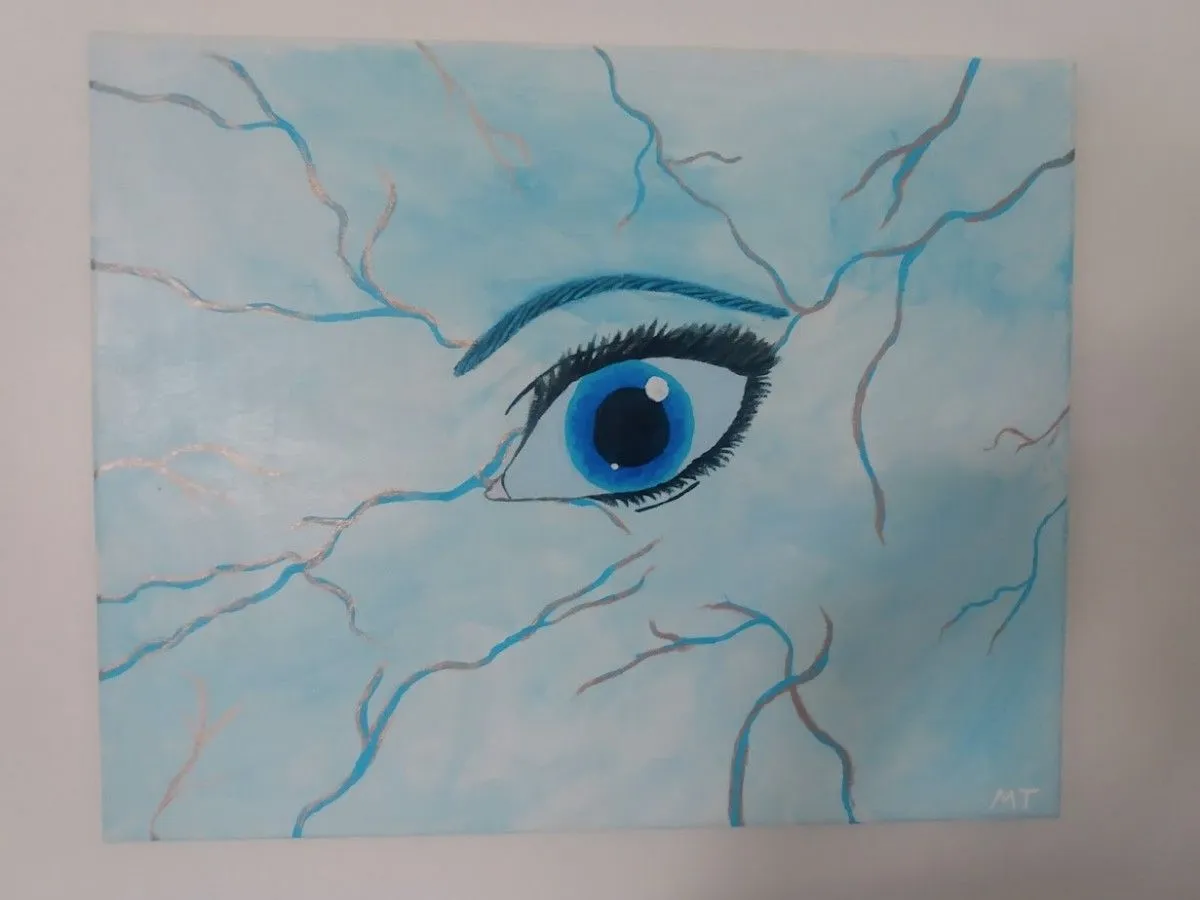 Oeil sur fond de marbre bleu, œuvre de Marie-Pier Thériault