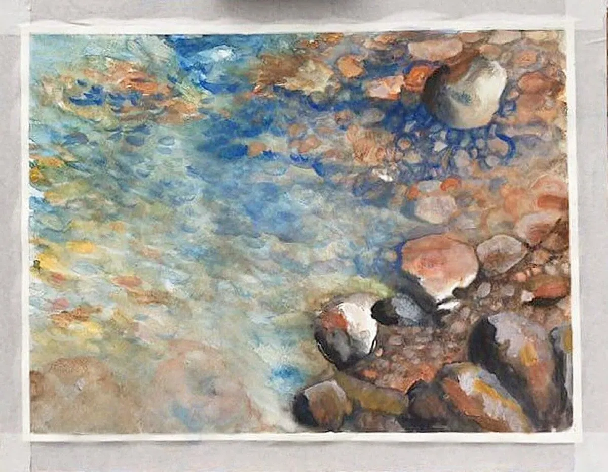 Pebbles under the water 16x20 inch watercolor, œuvre de Mariam Qureshi