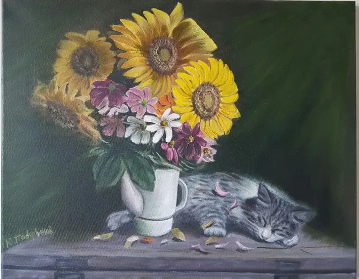 sleeping cat under flowers, œuvre de yury podorvanov