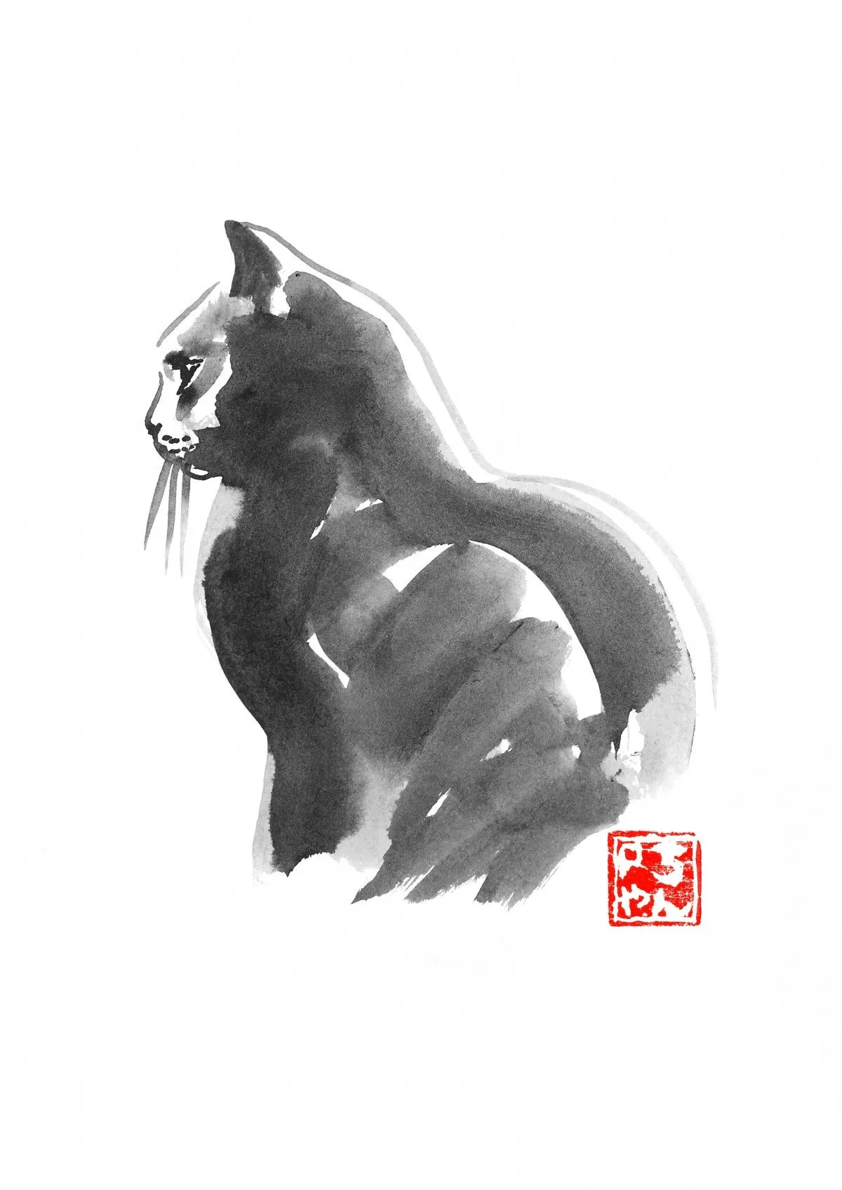 female cat, artwork by pechane sumi-e