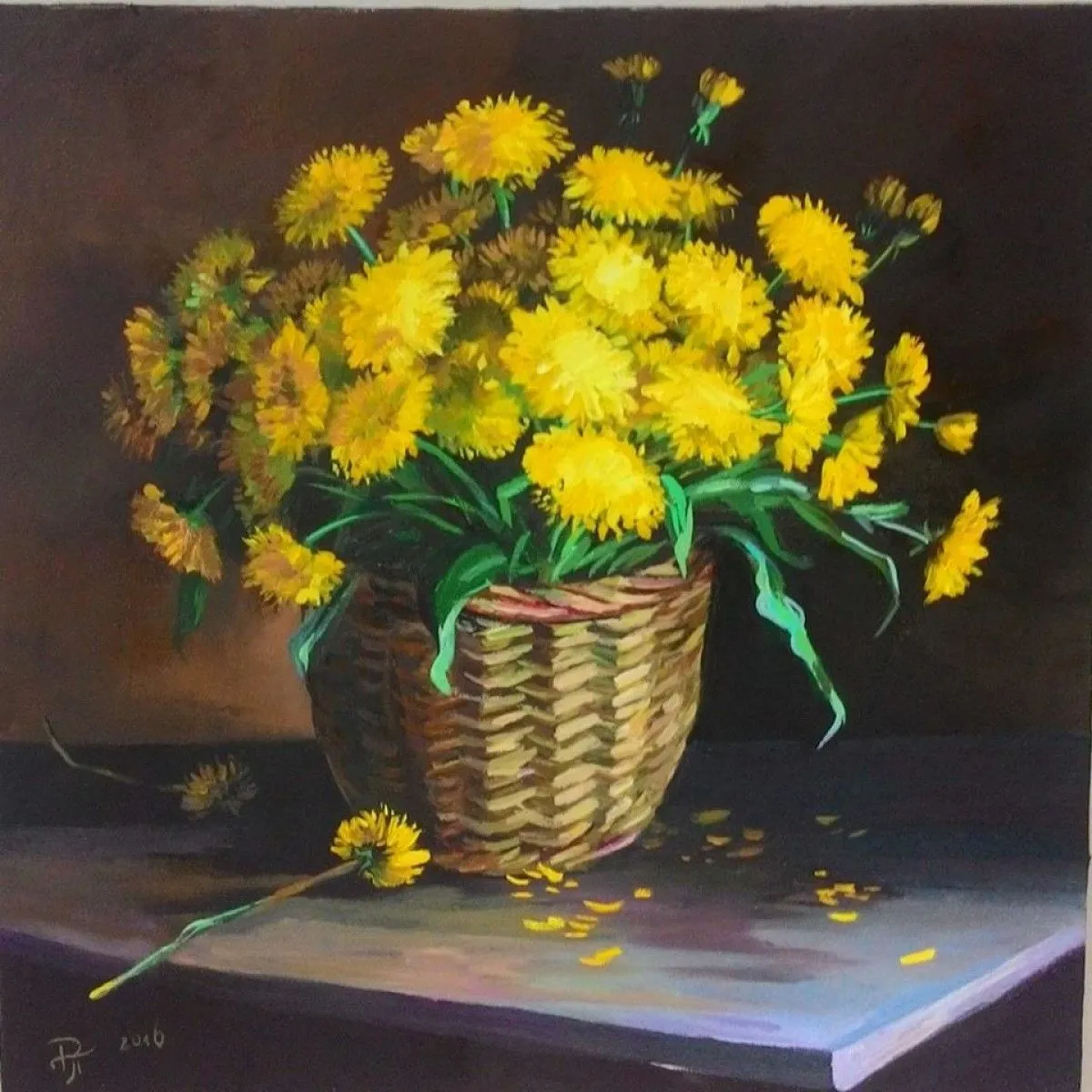 Basket with dandelions, artwork by Ralitsa Petrova