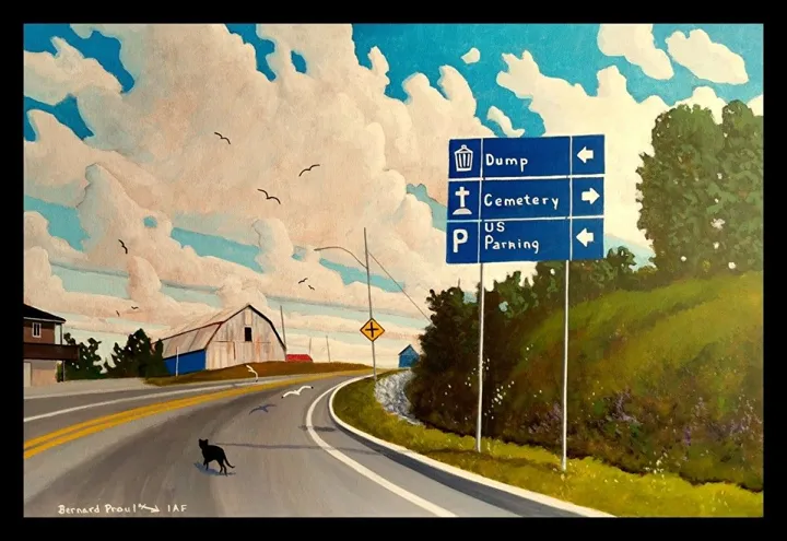 Imaginons l'Île d'Orléans un dépotoir un cimetière parcs à vidanges, boîte à déchets U. S. parkings (Collection le tour de l'Île #9), artwork by Bernard Proulx