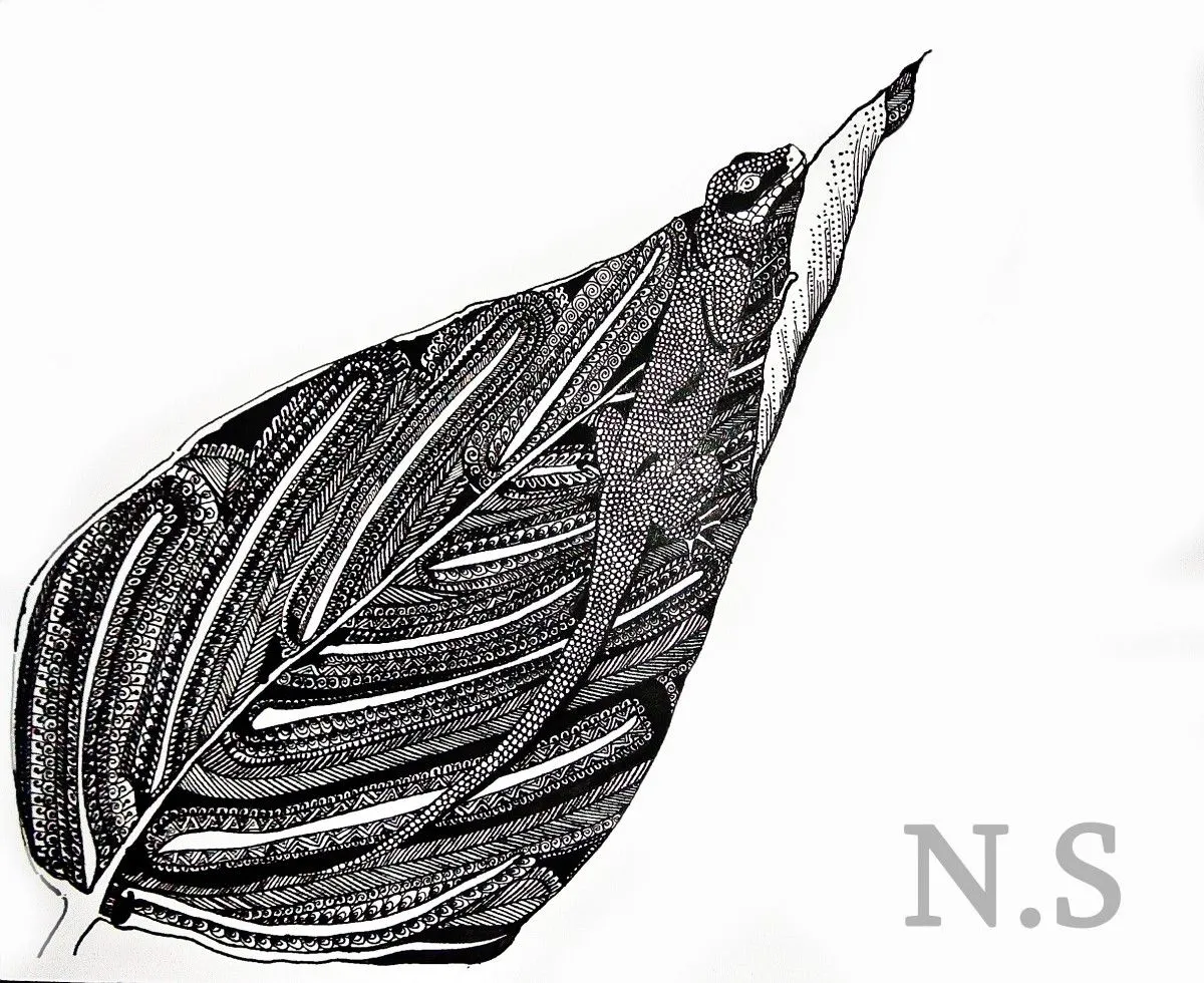 Lizard on a Leaf, artwork by Nato Sajaia