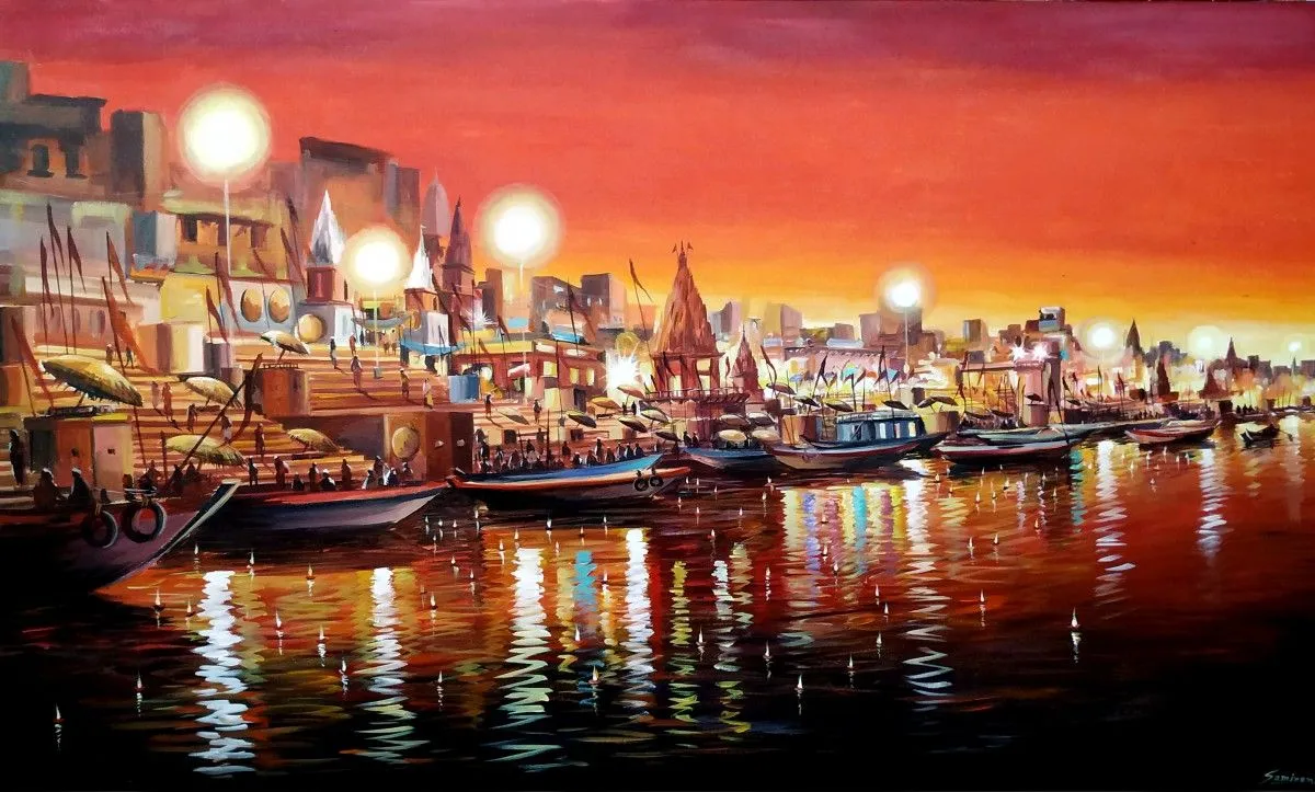 Colorful Night Varanasi Ghats, œuvre de Samiran Sarkar