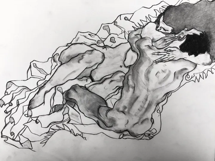 Drawing of Schiele'S "The Embrace", artwork by Gabriel Bouffard