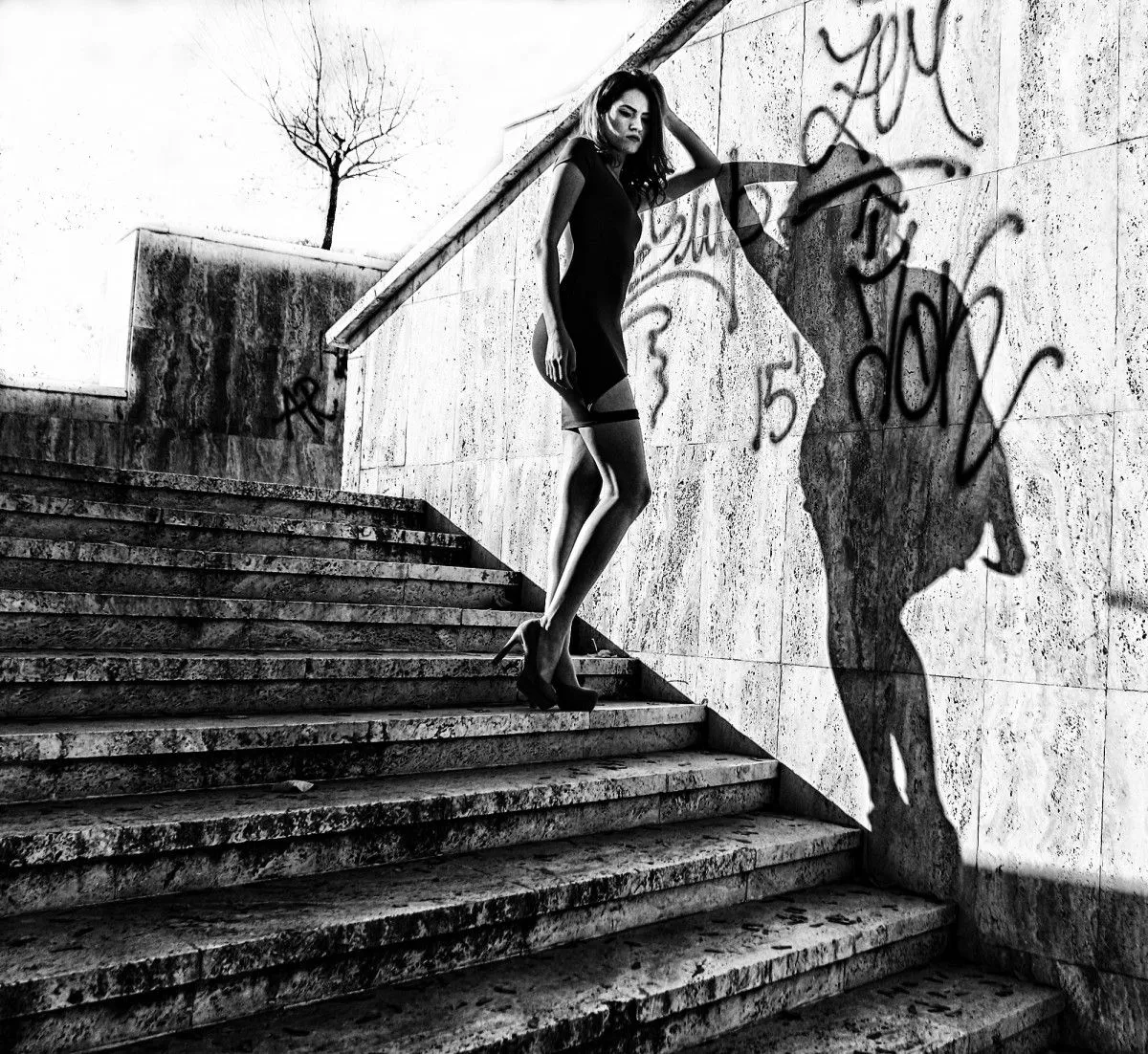 woman on ladder, artwork by Cornel Gingarasu