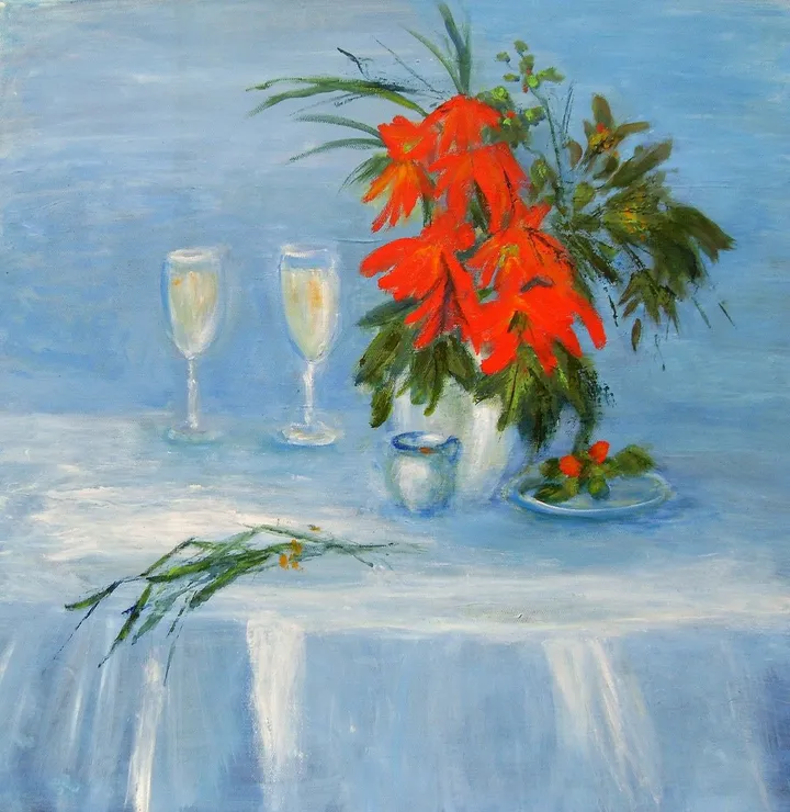 Red Flowers on a table, œuvre de Aase Lind