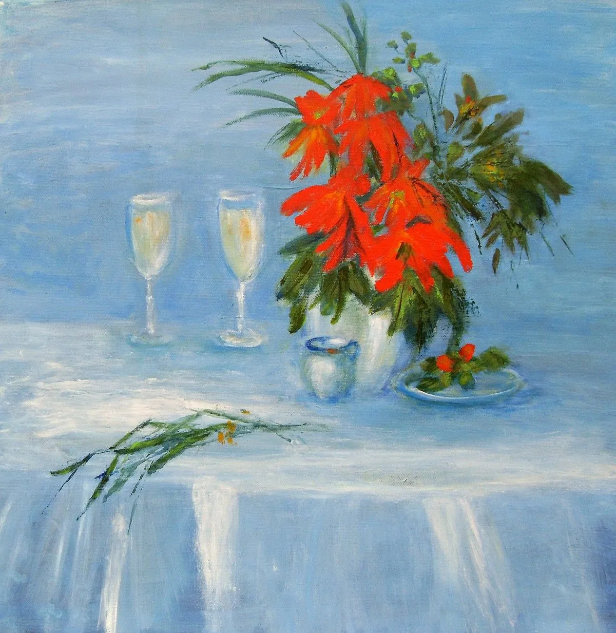 Red Flowers on a table, œuvre de Aase Lind