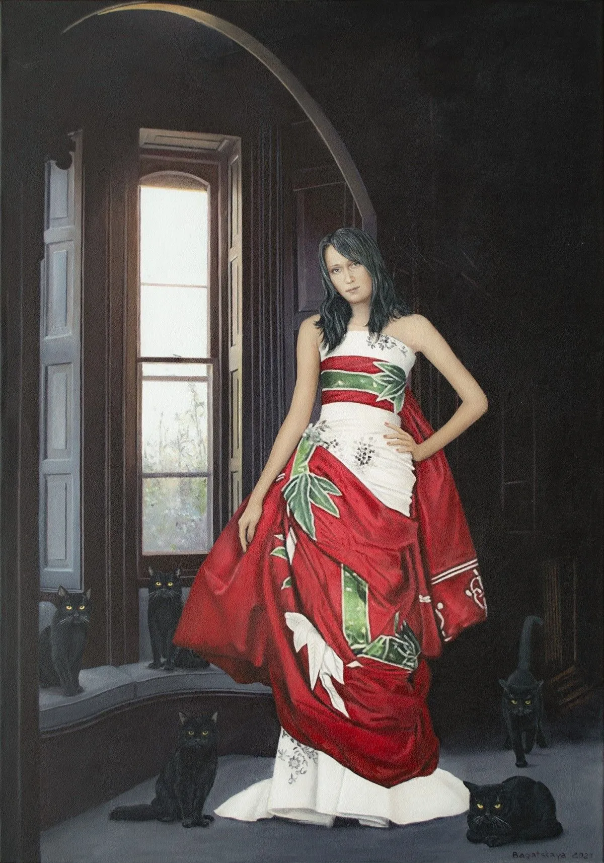 Narrative painting with self portrait "Anniversary", artwork by Nataliya Bagatskaya