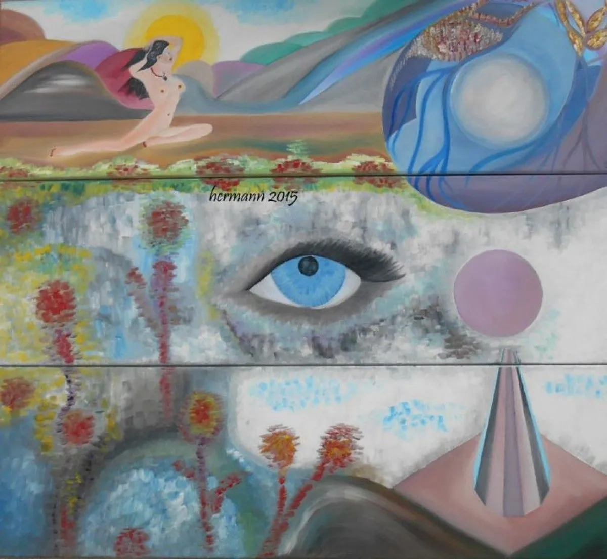 oil "Nackte vor Sonne, Augenblick und Blume und Form", artwork by Hansjörg Hermann