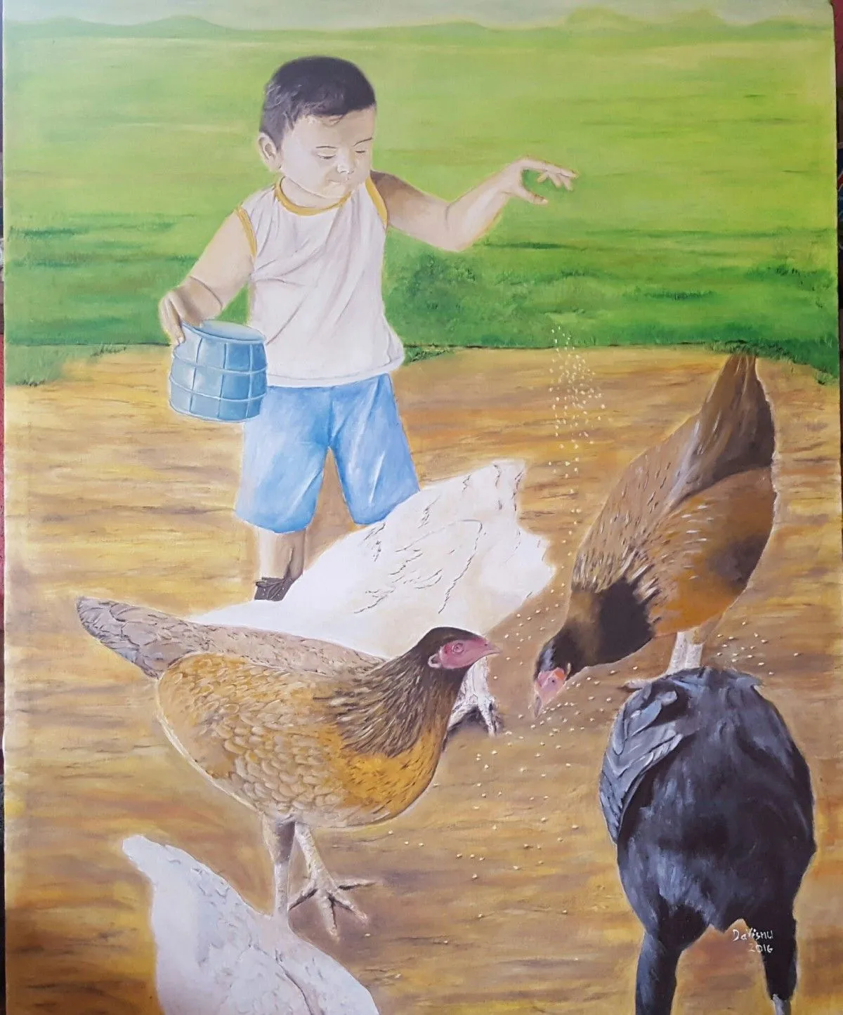 Boy feeding the chickens, artwork by Wilfredo Padilla Magsino