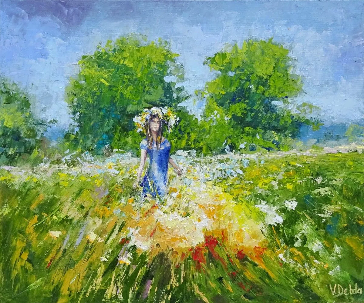 Landscape with oil summer grass girl in blue dress, wreath,yellow, green, Russian field,painting palette knife,the picture is ready to hang, œuvre de Viktoria