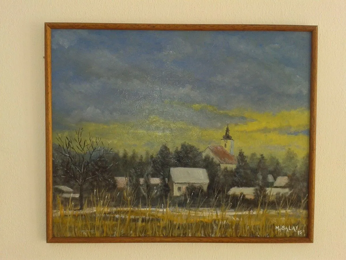 Winter sunset landscape village, artwork by Marek Salay