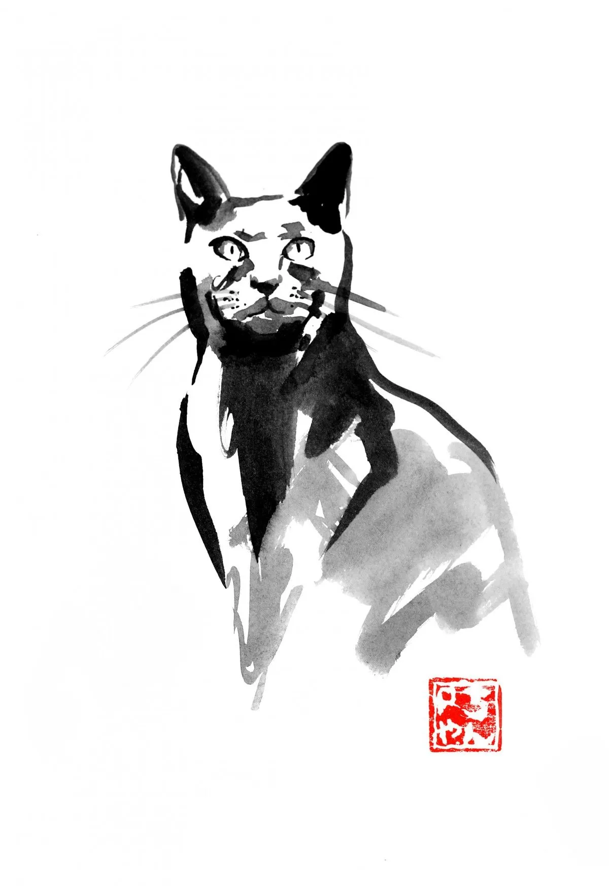 female cat stairing, œuvre de pechane sumi-e