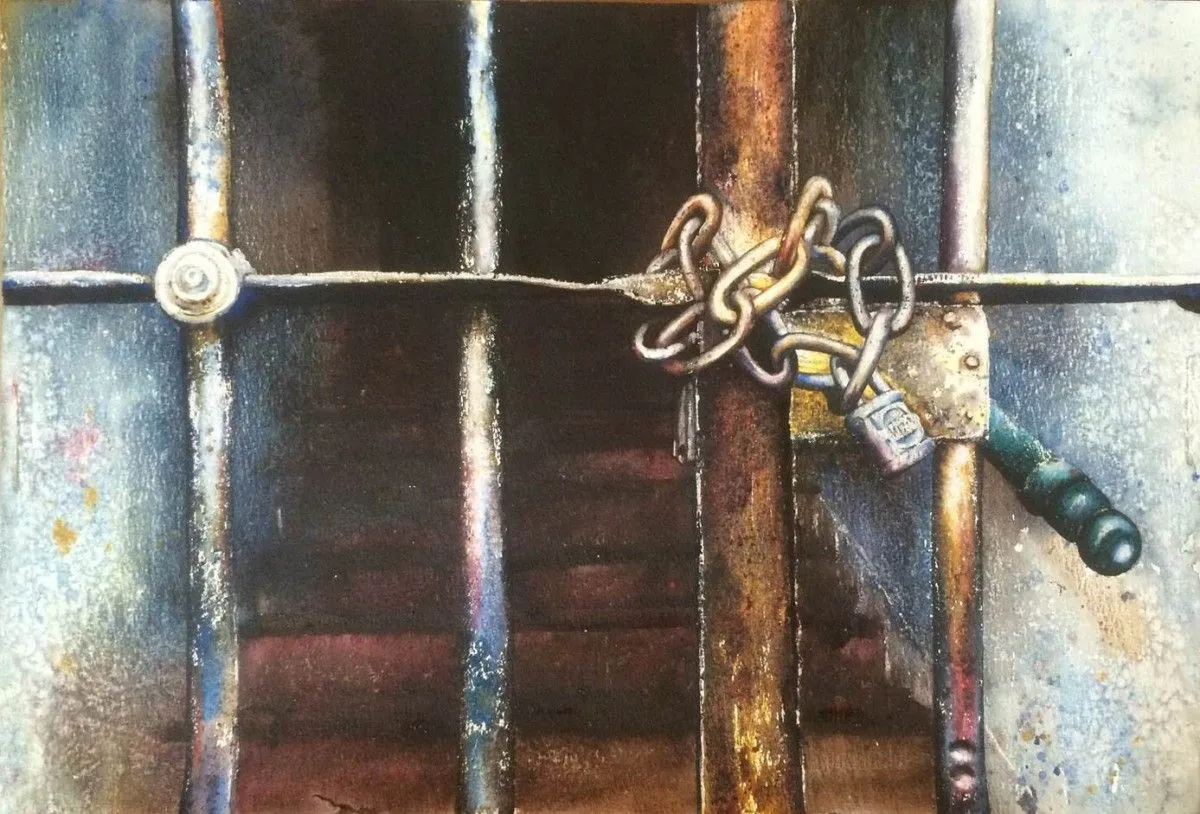 RUSTY BARS ON FRONT OF UPSTAIRS., artwork by EDUARDO JAVIER DEUSTUA