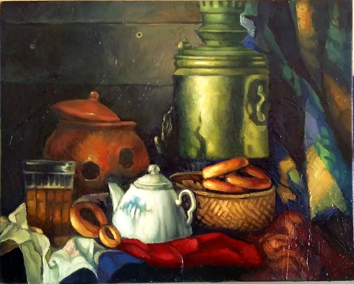 Still life with Russian pastry., artwork by George Grim