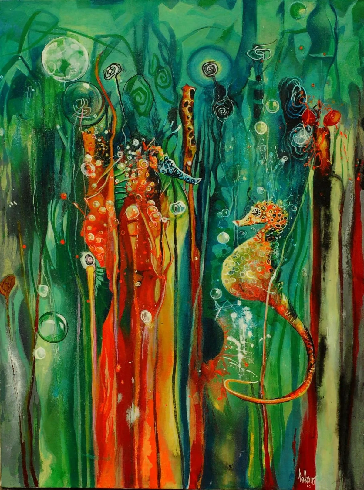 Red coral pregnant seehorses, œuvre de Jorge Calero