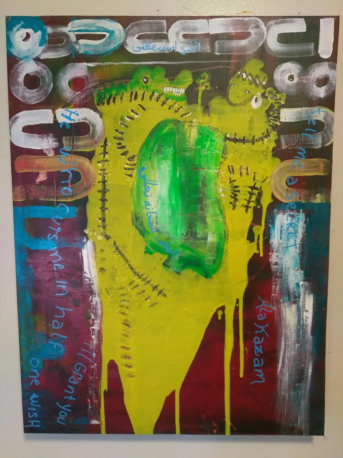 The Genie stitching the Crocodiles Skin, artwork by Miguel Alvarez