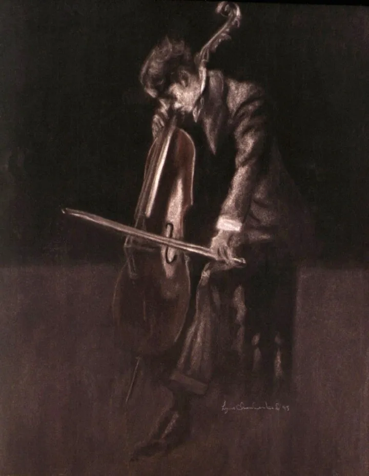 Charlie au violoncelle, œuvre de Lyne Chamberland