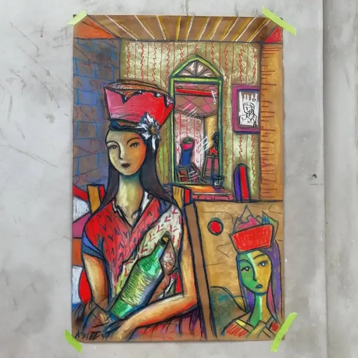 Triple Retrato con Botella de Absenta, artwork by Aziel Barrientos
