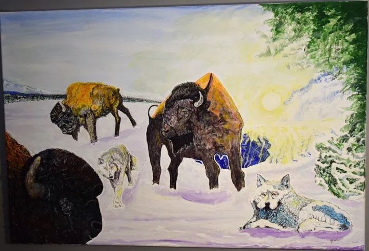 Bisons et loup blanc, artwork by Denis Roucau