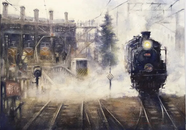 Steam train station II, artwork by Misure Nien