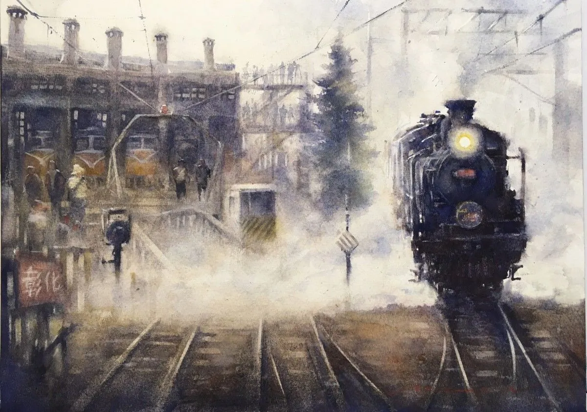 Steam train station II, artwork by Misure Nien