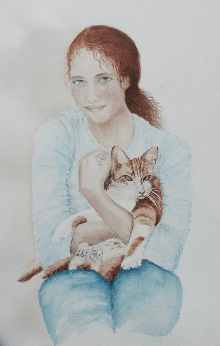 Petite fille et son chat, œuvre de Jacqueline Ropers