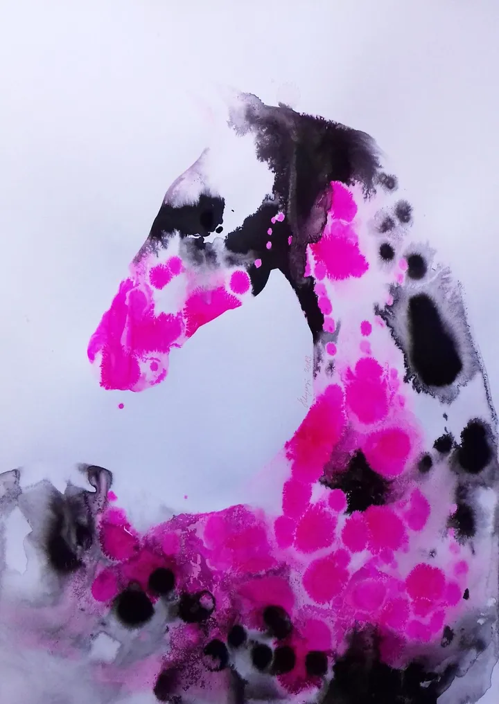 Spring Horses-Pink&Black portrait, artwork by marija colic