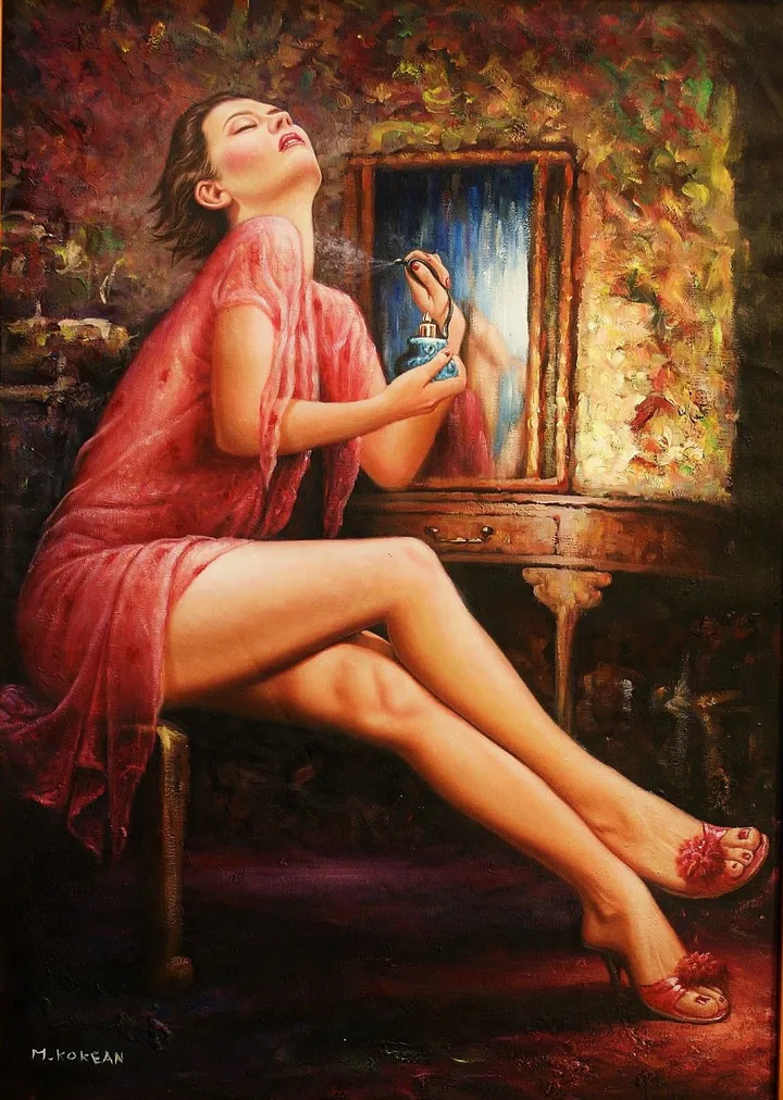 Une femme mette du parfum, œuvre de Mahmoud Qoqyan