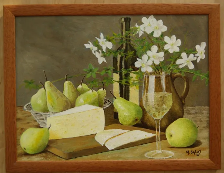 Dafodills still-life with wine and fruits, œuvre de Marek Salay