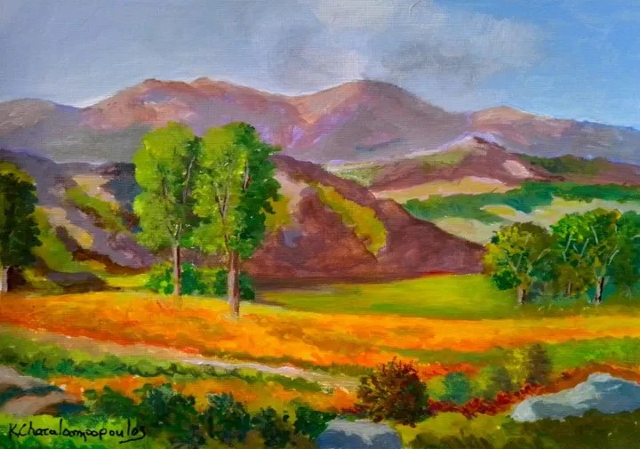 Mountains and fields, artwork by Konstantinos Charalampopoulos