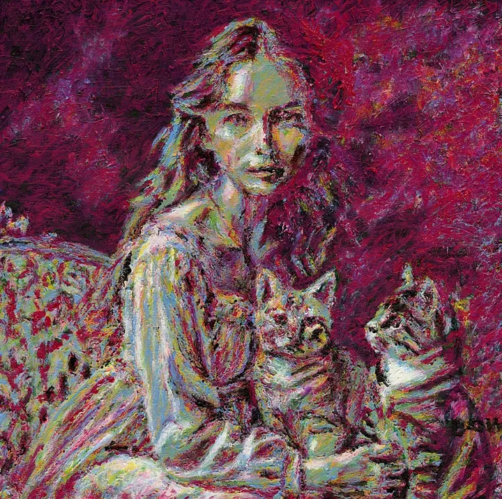 Lady with two cats, œuvre de Dow Thompson