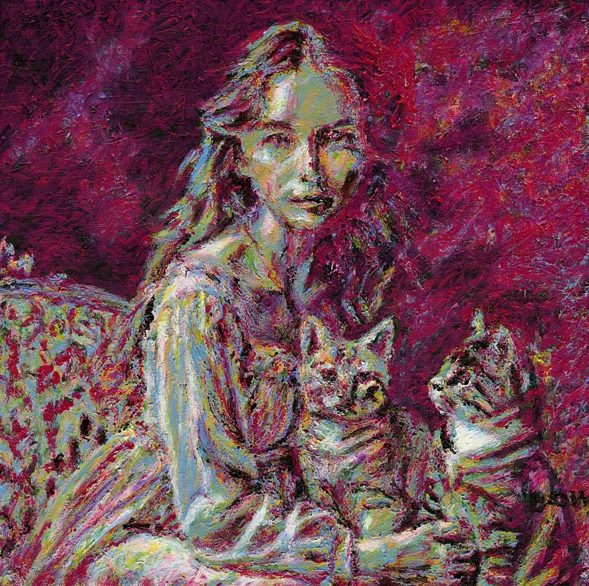 Lady with two cats, artwork by Dow Thompson