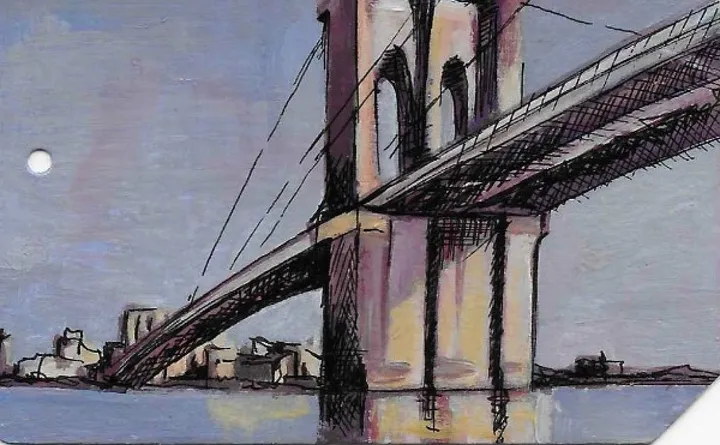 Brooklyn Bridge on the back of a used NYC Metro Card, œuvre de Stephanie Fonteyn