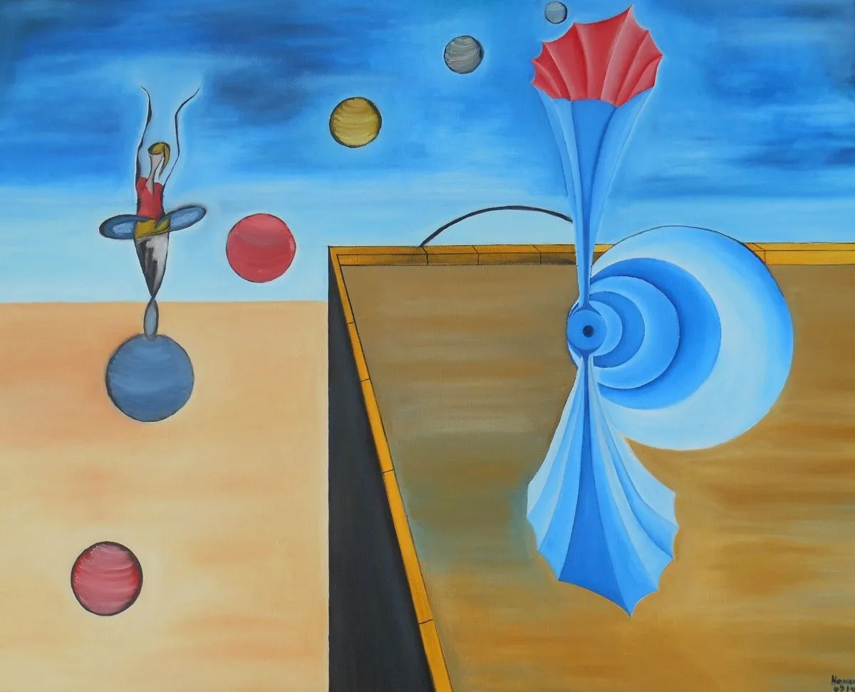 oil "Tänzerinnen im Planetenflug", artwork by Hansjörg Hermann
