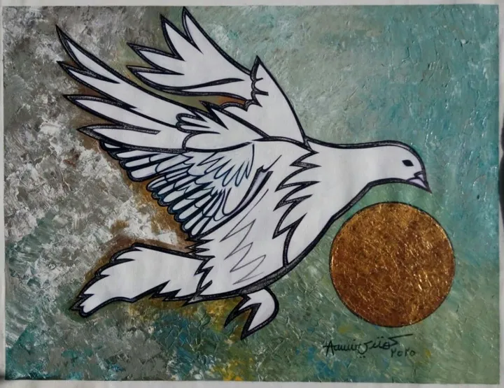 Flying Pigeon and golden moon, œuvre de Aamir Khatri fine art