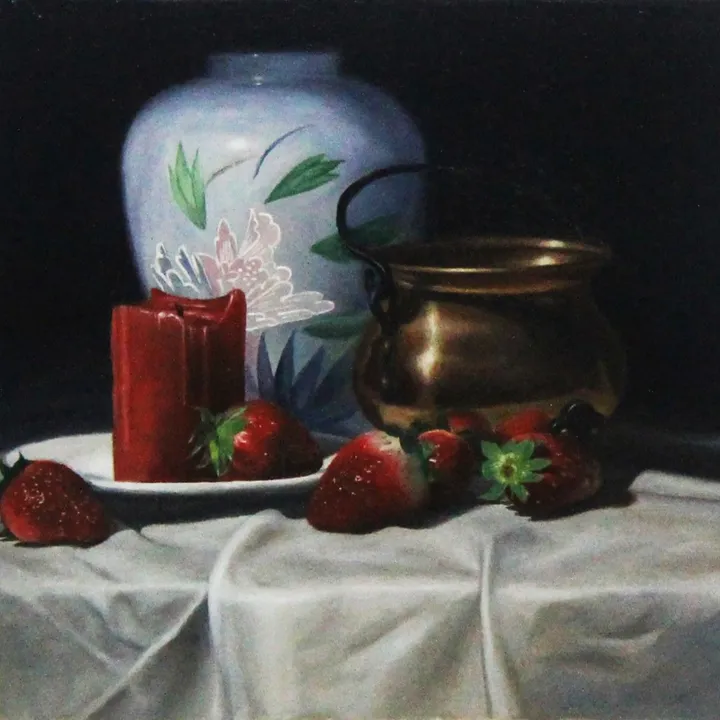 White Vase, Cooper Jar, Candle and Strawberries, artwork by James Zhao