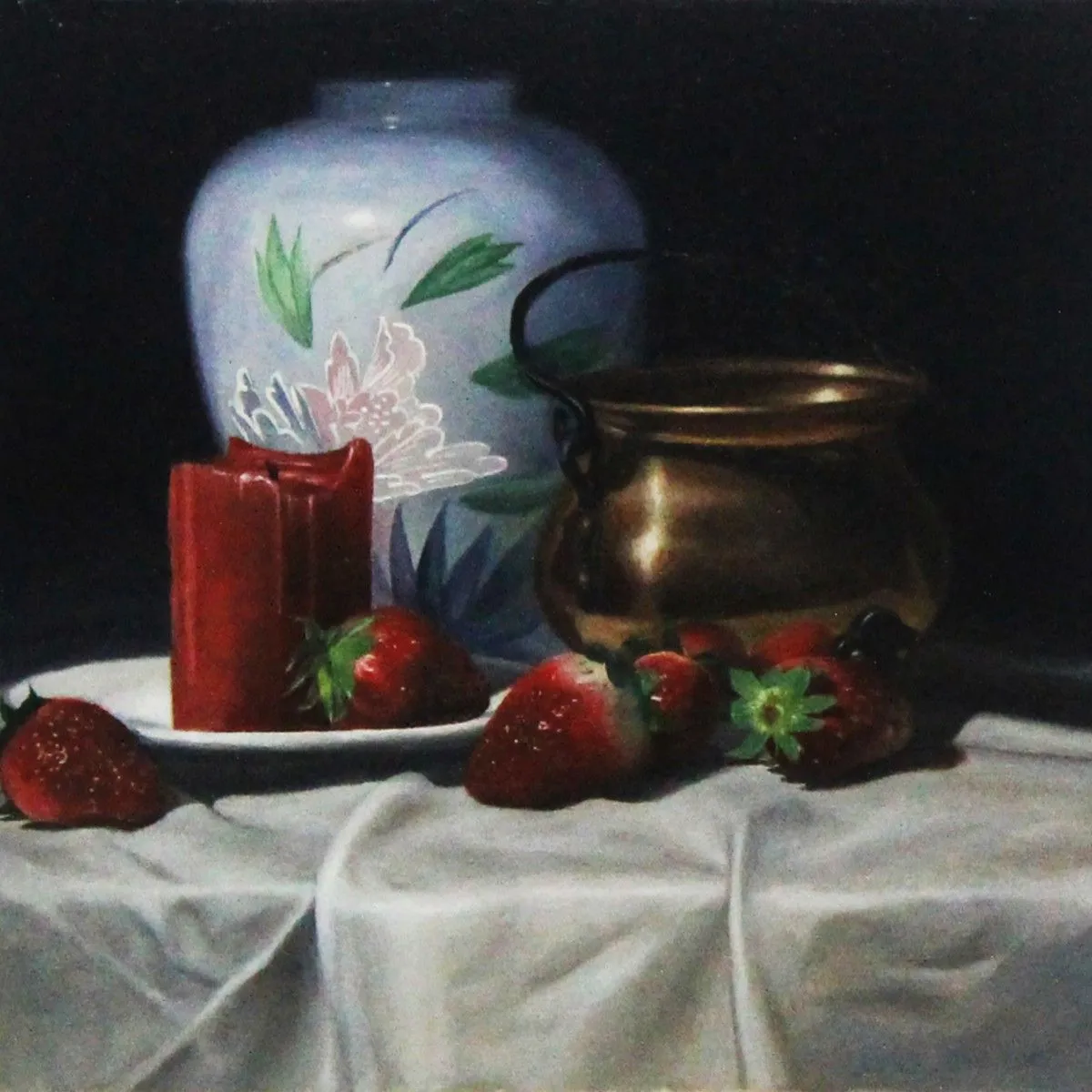 White Vase, Cooper Jar, Candle and Strawberries, œuvre de James Zhao