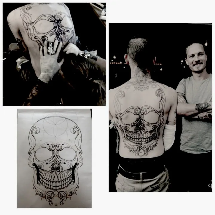 Aztec Skull (Original Drawing of full back piece), œuvre de A.STEEL BE.ART