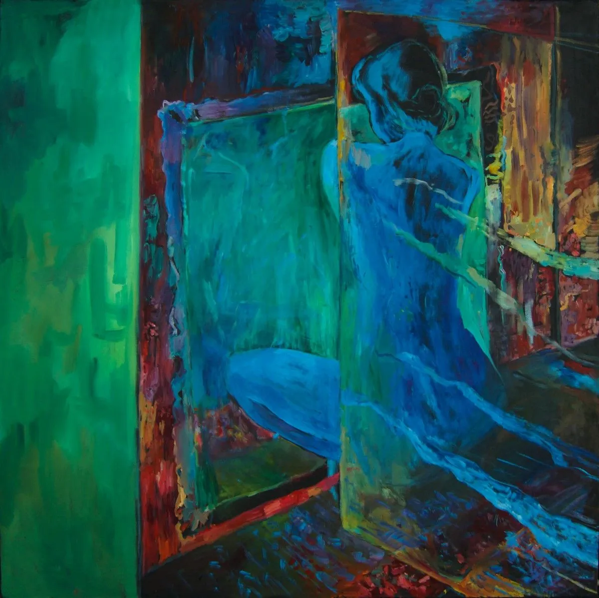 Blue woman is hide near a mirror, artwork by Dragos Botezat