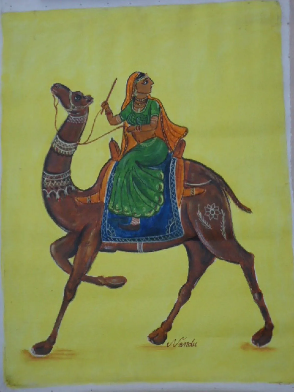 camel rider rajasthani woman, artwork by Nandu Painter