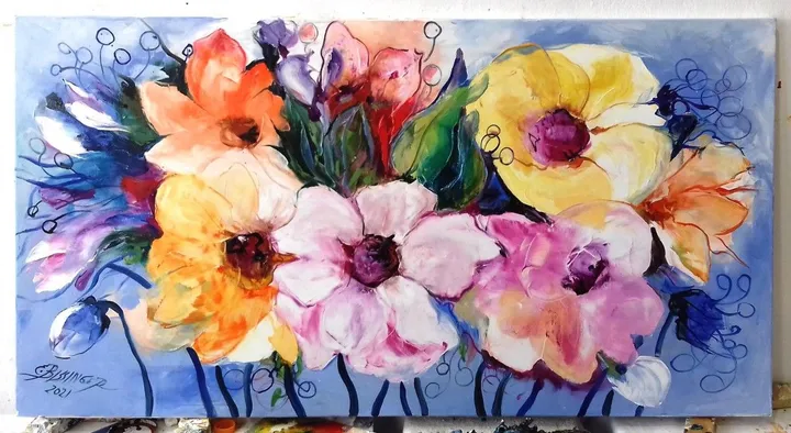 Flowers from the neighbor, original art Bissinger, artwork by Bissinger Elena