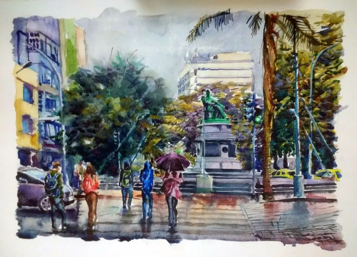 Rainy day in the José de Alencar Square, artwork by Anna Cavalcante