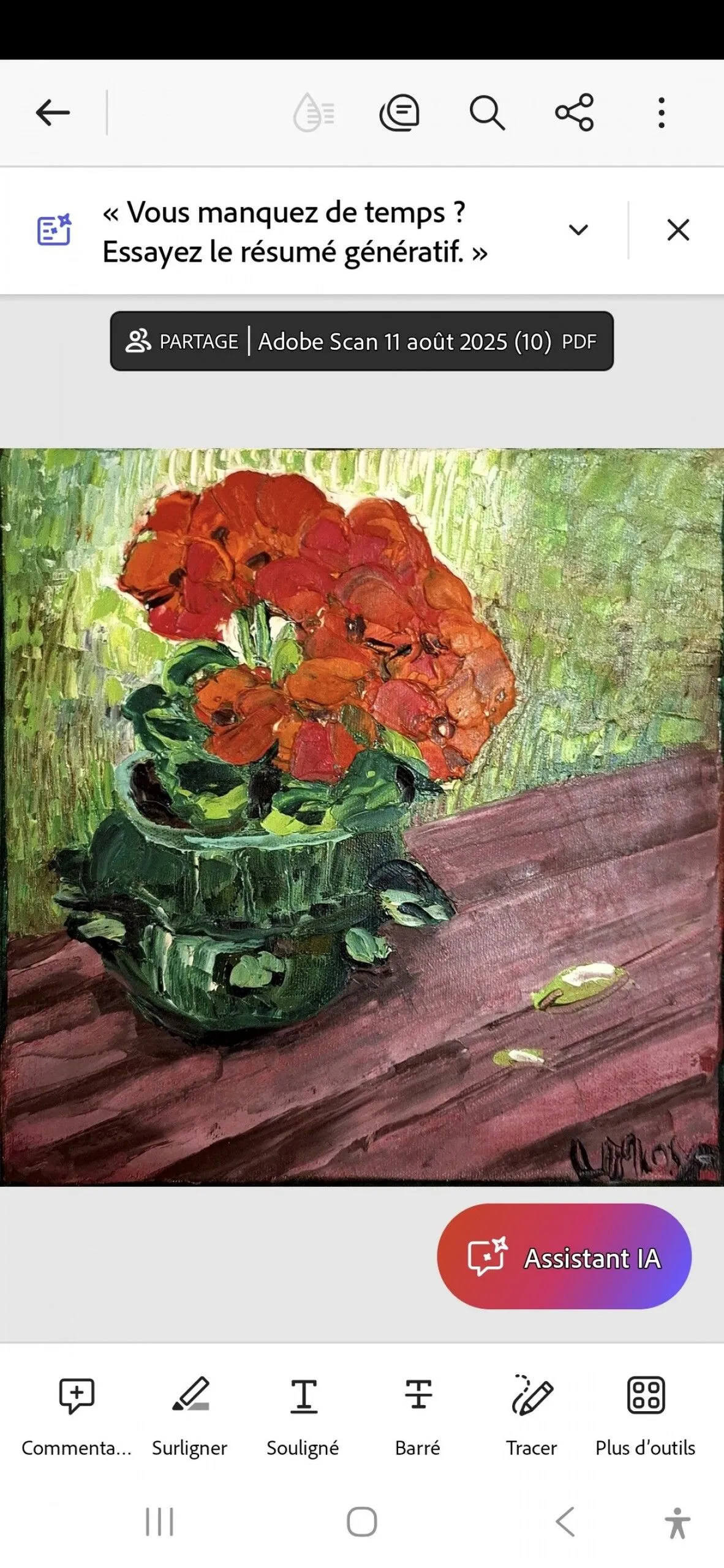 Geraniums in a turtle pot, artwork by Ligia Moya